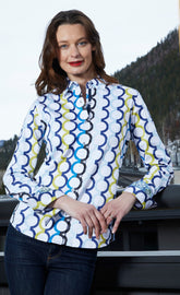 Dizzy-Lizzie Rome Shirt in blue featuring Olympic rings design on white fabric, short-sleeve casual shirt for men or women.