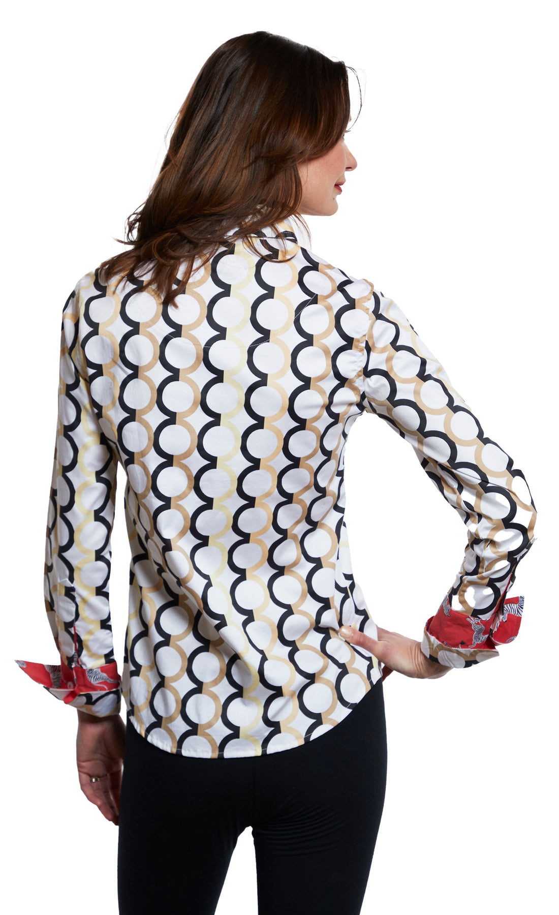 White Rome shirt by Dizzy-Lizzie featuring chocolate neutral Olympic rings on a white ground, casual and stylish.