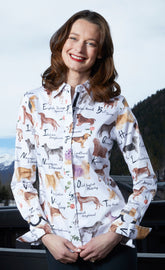 Dizzy-Lizzie Rome shirt for dogs featuring elegant names and pedigree dog illustrations on a stylish dog shirt.
