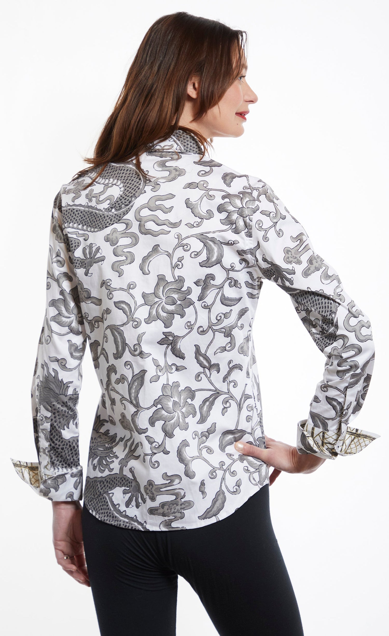 Dizzy-Lizzie Rome shirt featuring a grey dragon print, lightweight casual shirt with button closure and collar.