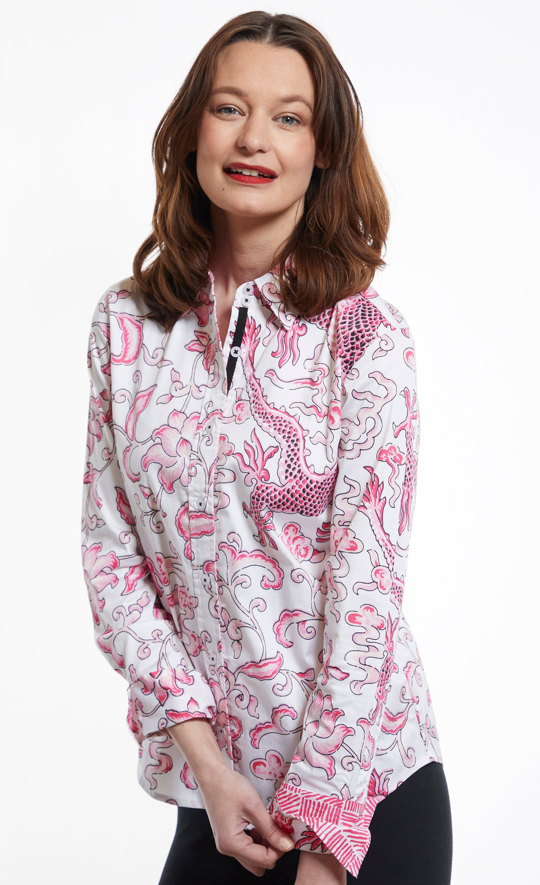 Dizzy-Lizzie Rome shirt featuring pink dragon print, casual button-up shirt with long sleeves and vibrant design.