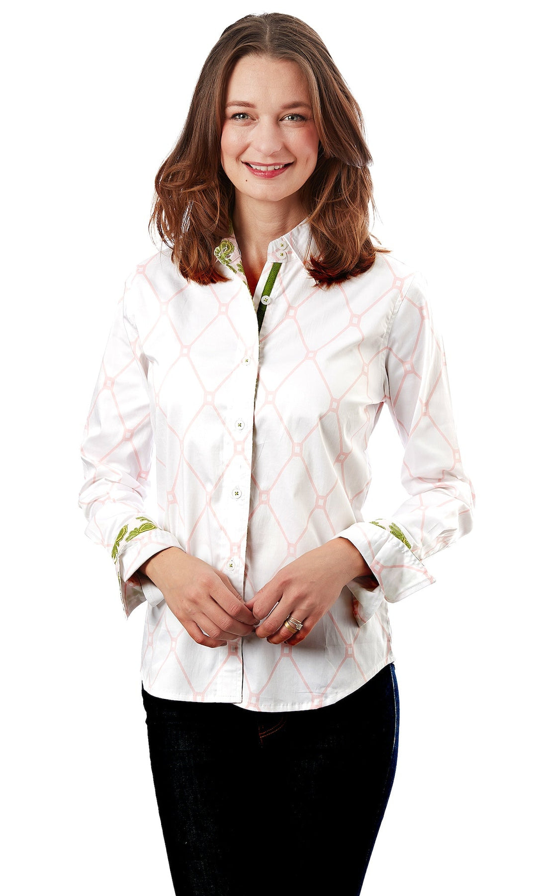 Pink and white geometric V-neck shirt from Dizzy-Lizzie&