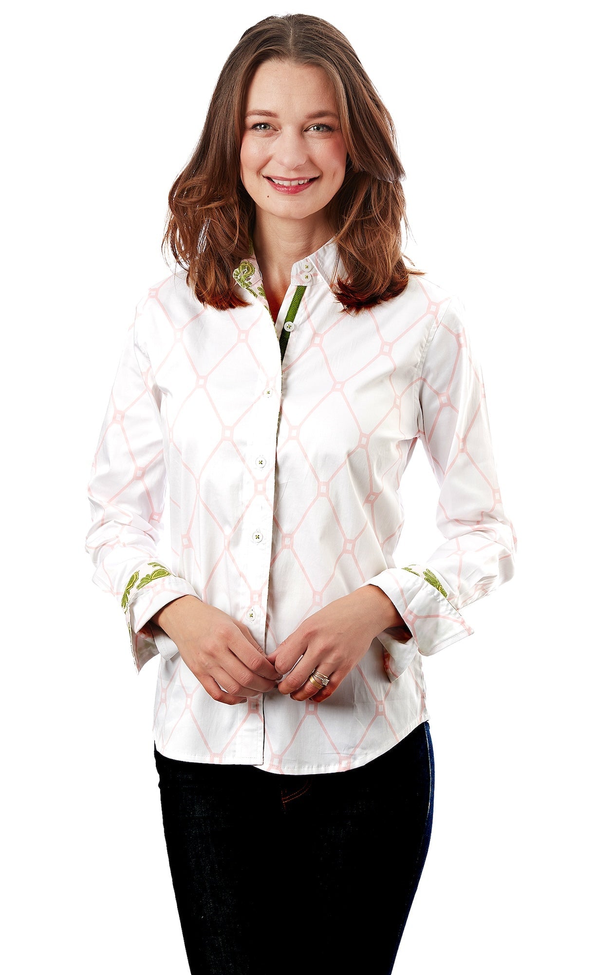 Pink and white geometric V-neck shirt from Dizzy-Lizzie&