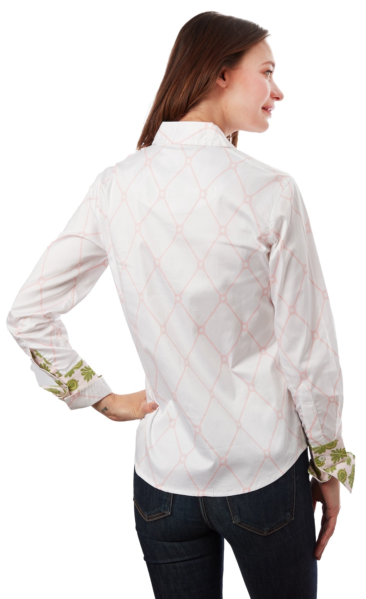 Pink and white geometric Rome shirt by Dizzy-Lizzie featuring a V-neck design and stylish pattern.