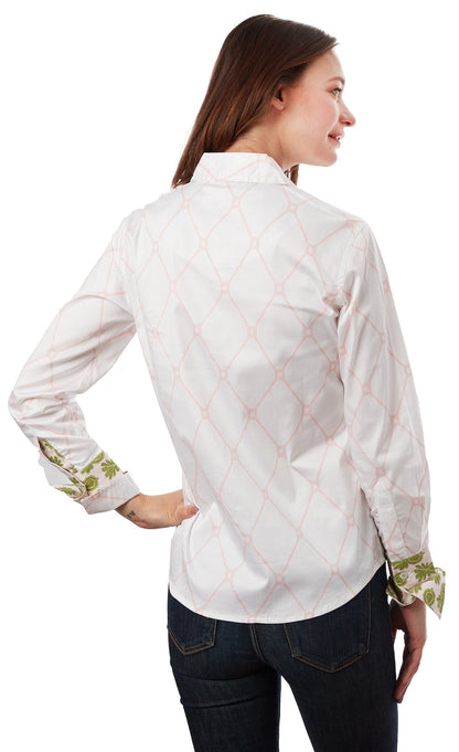 Pink and white geometric Rome shirt by Dizzy-Lizzie featuring a V-neck design and stylish pattern.