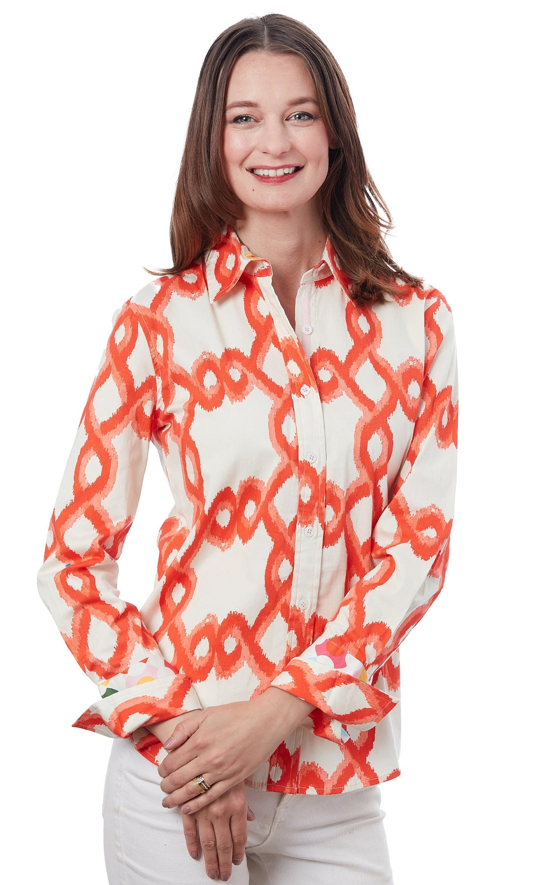 Dizzy-Lizzie Rome shirt in orange and white flame stitch, casual short-sleeve shirt with bold pattern and stylish design.