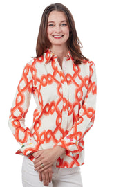 Dizzy-Lizzie Rome shirt in orange and white flame stitch, casual short-sleeve shirt with bold pattern and stylish design.