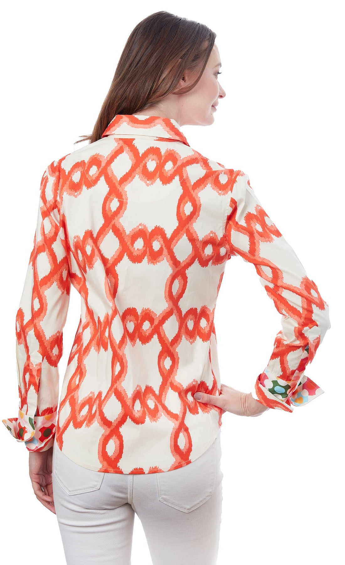 Dizzy-Lizzie Rome Shirt in orange and white flame stitch, featuring a stylish casual shirt with bold flame pattern.