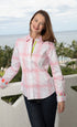 Pink and white geometric pattern Rome Shirt by Dizzy-Lizzie, featuring a stylish button-up design with long sleeves.