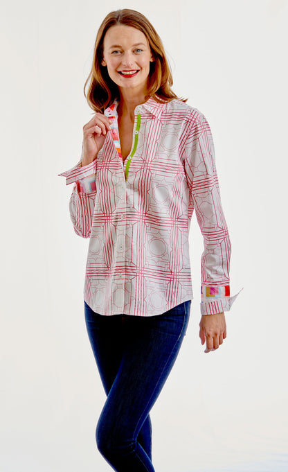 Pink and white geometric pattern Rome Shirt by Dizzy-Lizzie, featuring a stylish casual shirt with a modern design.