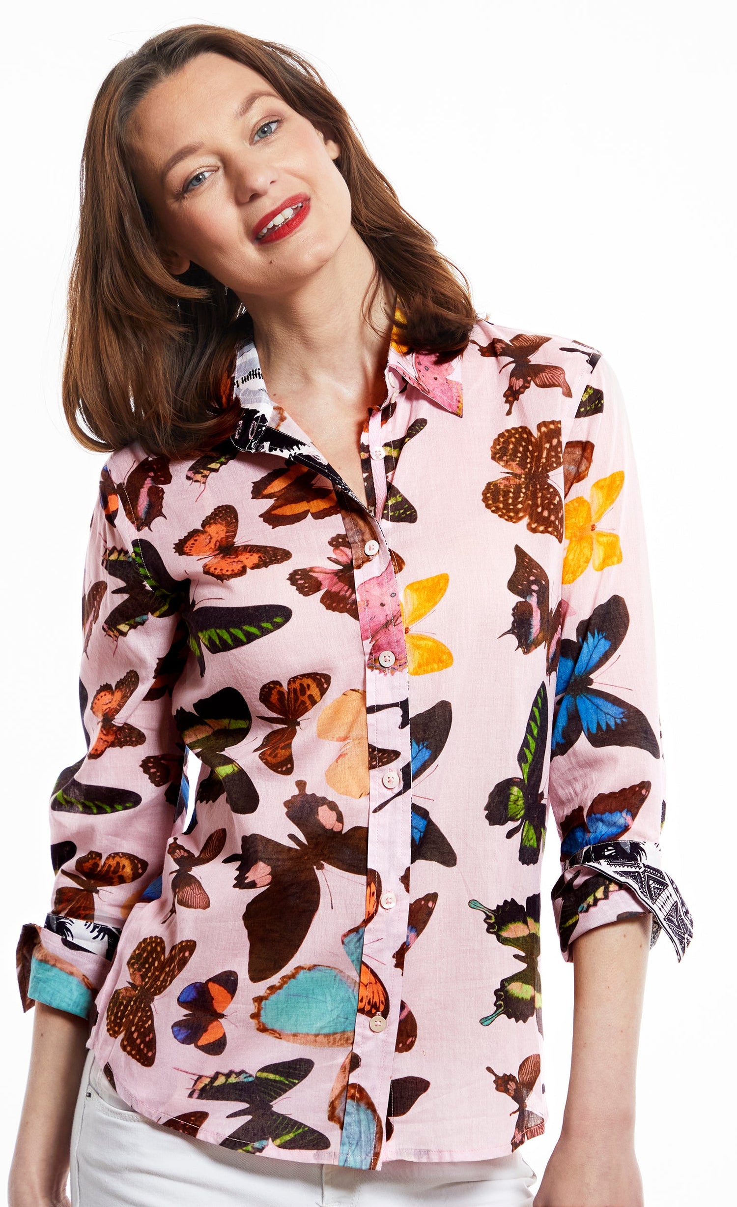 Pink butterfly print Rome shirt with 3/4 sleeves by Dizzy-Lizzie, shown on a model with a casual, stylish fit.