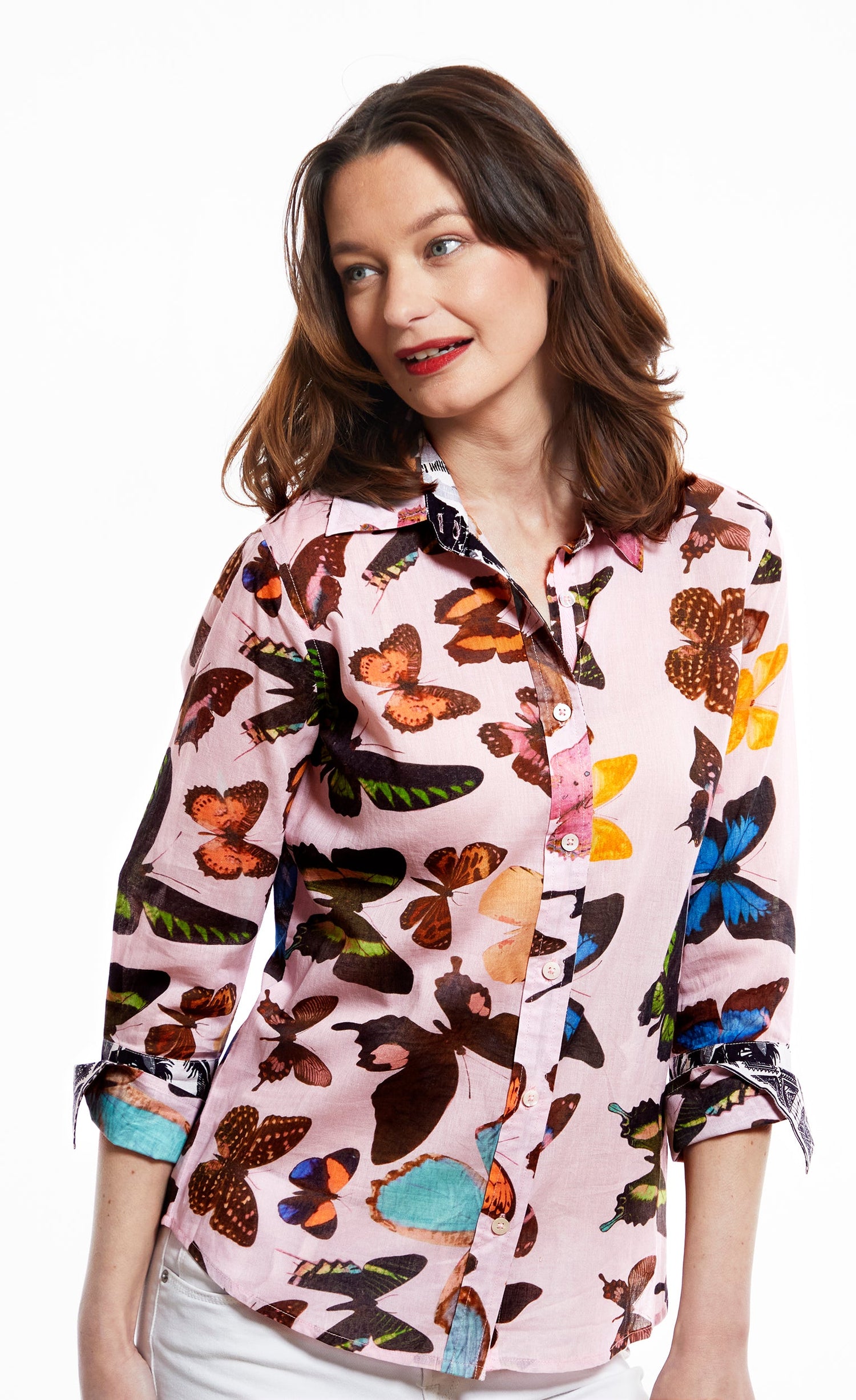 Dizzy-Lizzie Rome shirt with 3/4 sleeves featuring pink butterfly print on lightweight fabric.