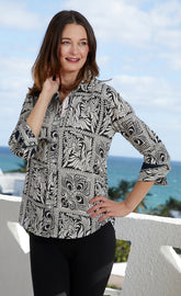 Black and white geometric 3/4 sleeve Rome shirt by Dizzy-Lizzie, featuring stylish pattern and casual fit.
