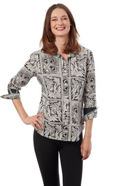 Dizzy-Lizzie 3/4 sleeve Rome shirt in black and white geometric pattern, casual shirt with modern style and comfortable fit