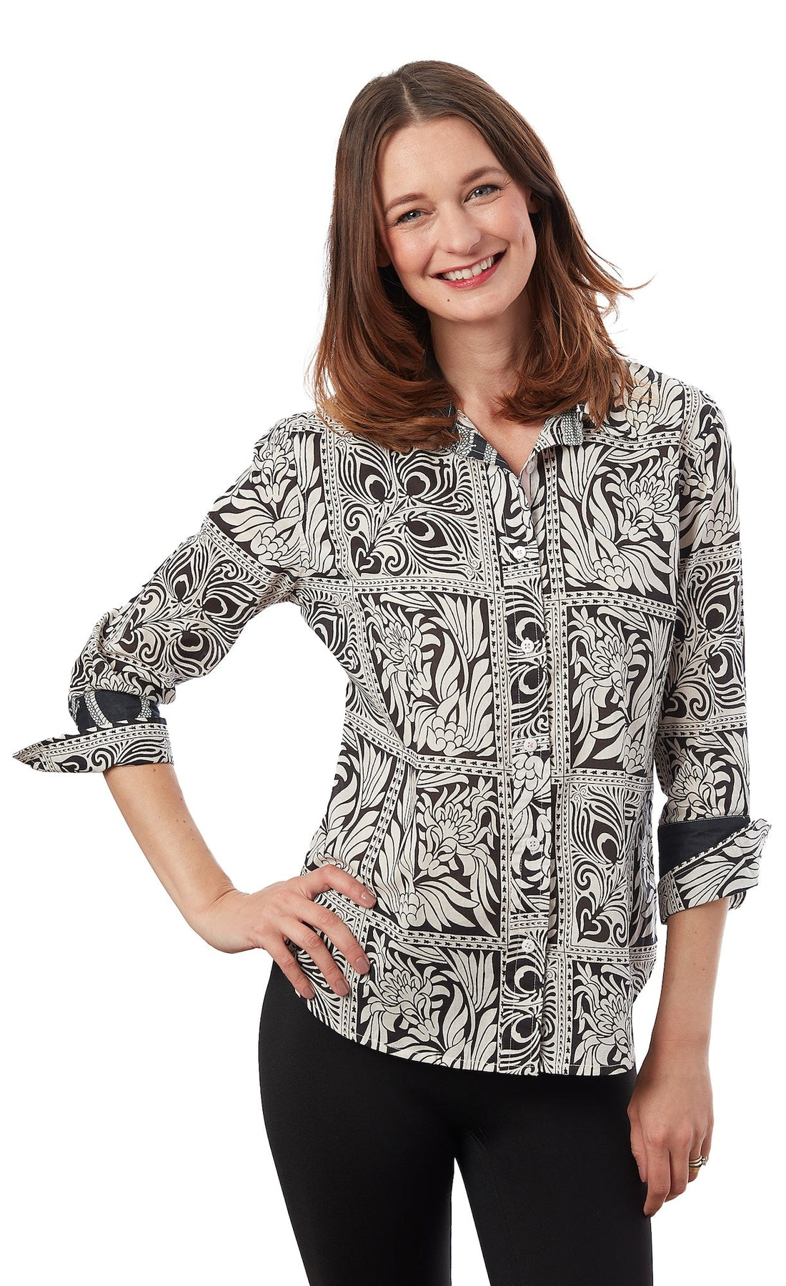 Black and white geometric 3/4 sleeve Rome shirt by Dizzy-Lizzie, featuring a stylish and comfortable design.