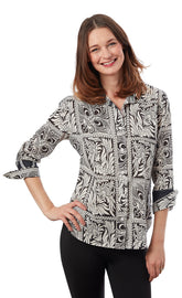 Black and white geometric 3/4 sleeve Rome shirt by Dizzy-Lizzie, featuring a stylish and comfortable design.