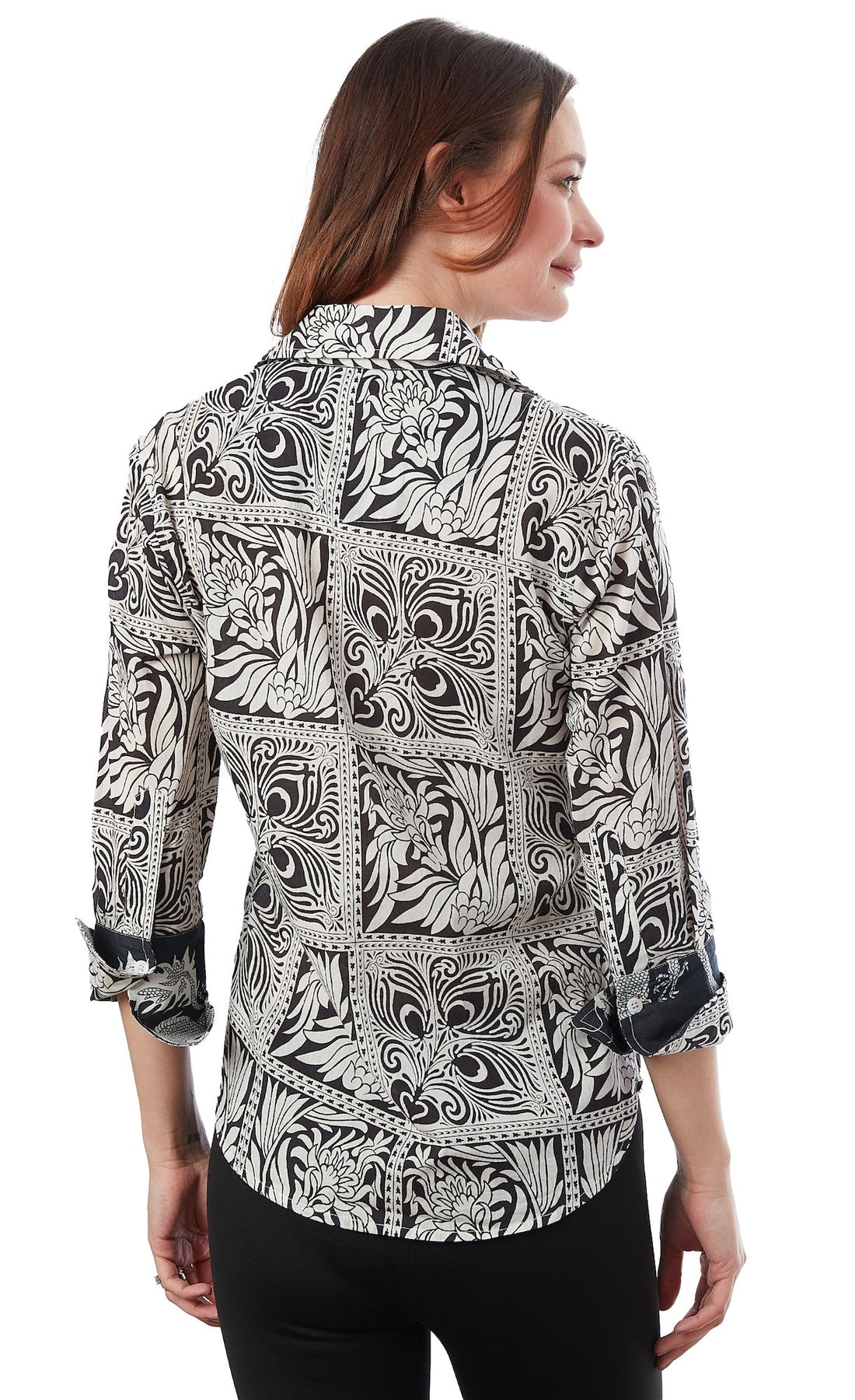 Black and white 3/4 sleeve Rome shirt by Dizzy-Lizzie featuring geometric print, casual stylish shirt for women.