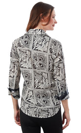 Black and white 3/4 sleeve Rome shirt by Dizzy-Lizzie featuring geometric print, casual stylish shirt for women.
