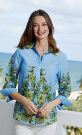 Light blue 3/4 sleeve Rome shirt by Dizzy-Lizzie featuring a leafy print, perfect for casual or semi-formal wear.