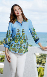 Light blue 3/4 sleeve Rome shirt by Dizzy-Lizzie with leaf patterns, casual and stylish for everyday wear.