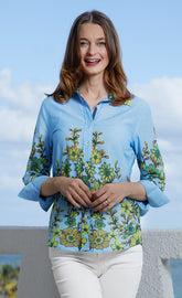 Light blue 3/4 sleeve Rome shirt by Dizzy-Lizzie with leaf patterns, casual and stylish for everyday wear.