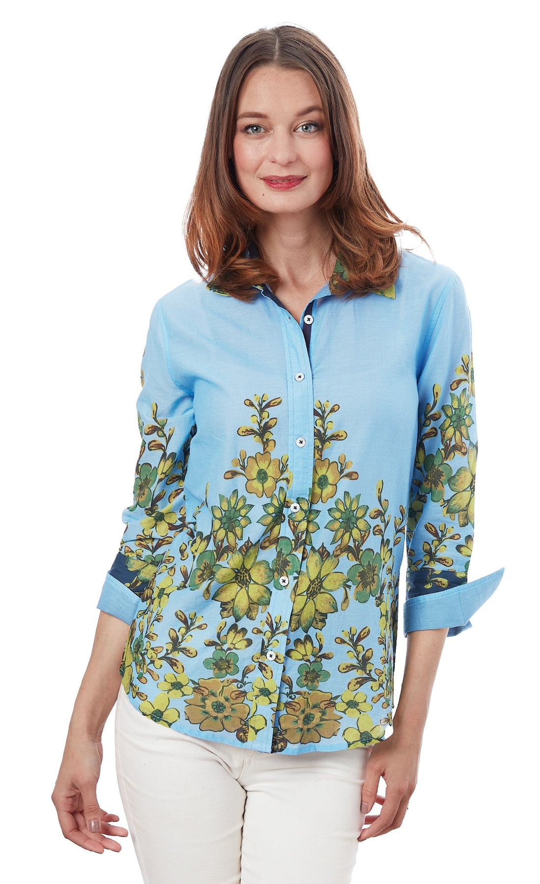 Light blue 3/4 sleeve Rome shirt by Dizzy-Lizzie featuring a leaf pattern, casual and stylish for everyday wear.