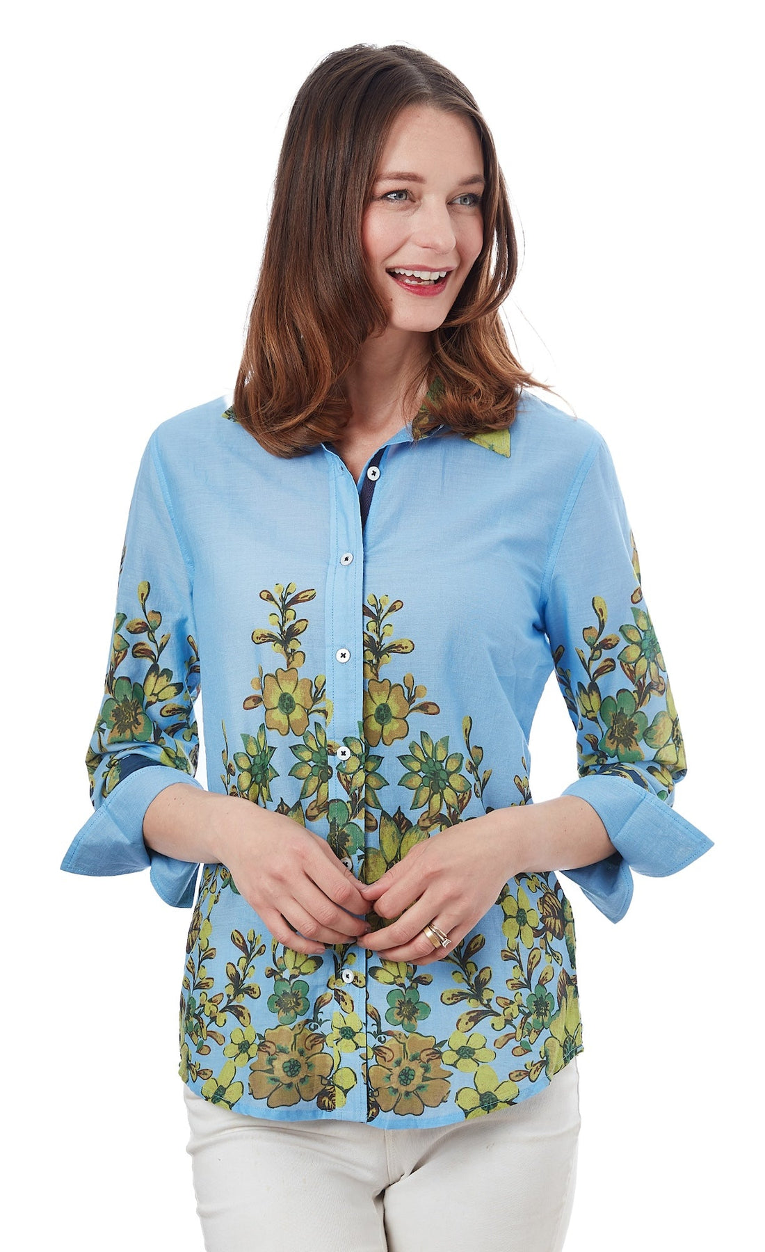 Light blue 3/4 sleeve Rome shirt by Dizzy-Lizzie featuring a leaf print, casual and stylish for everyday wear.