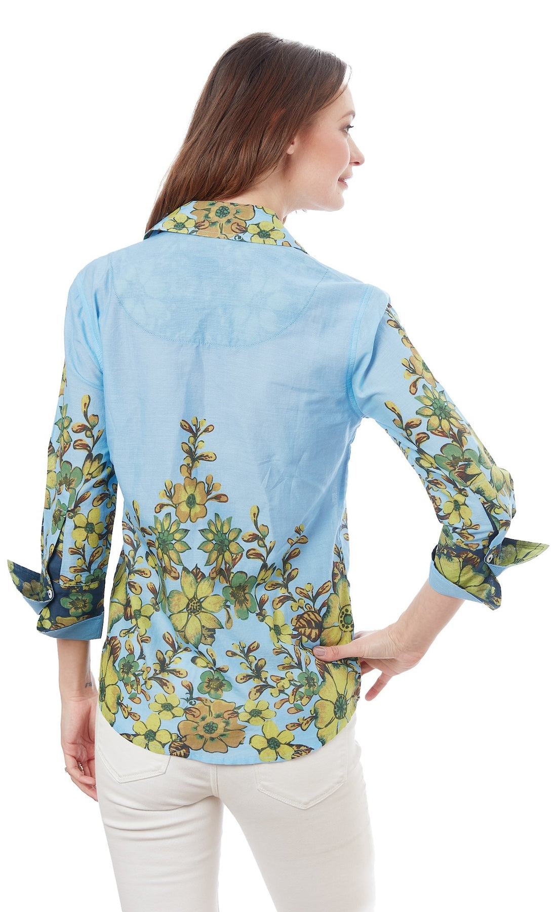 Light blue 3/4 sleeve Rome shirt by Dizzy-Lizzie featuring a leafy print, casual and stylish for everyday wear.