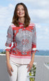 Dizzy-Lizzie Rome 3/4 sleeve coral print shirt with floral pattern, lightweight fabric, and relaxed fit.