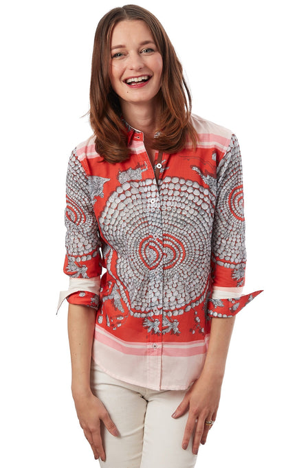 Dizzy-Lizzie Rome 3/4 sleeve coral print shirt with floral pattern and relaxed fit, shown on a white background.