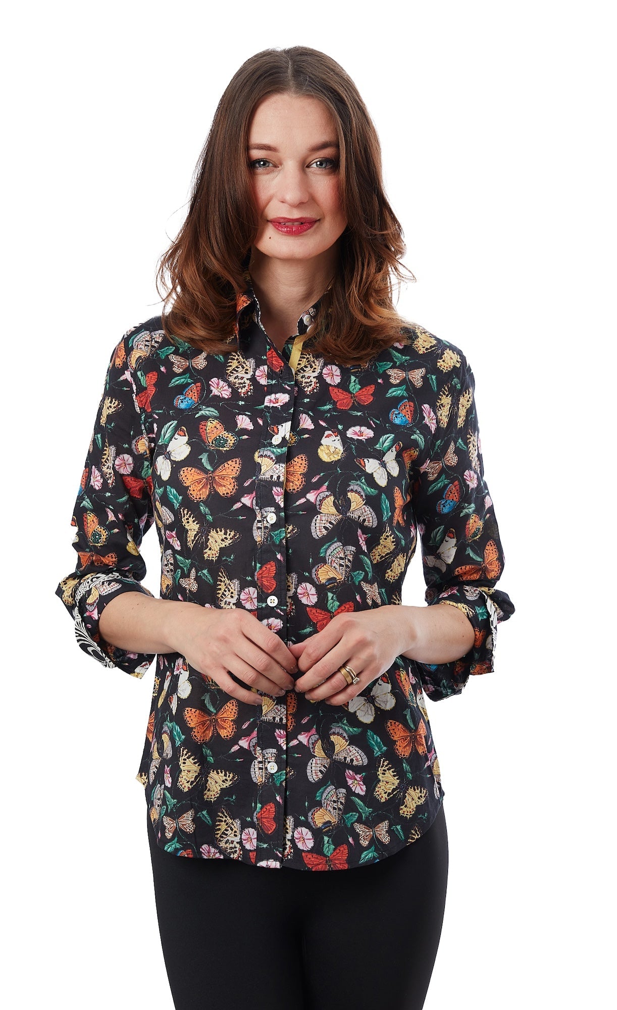 Black 3/4 sleeve Rome shirt by Dizzy-Lizzie featuring butterfly print, casual and stylish for everyday wear.