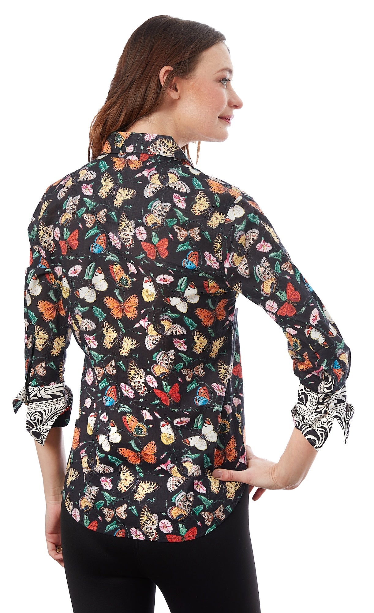 Black 3/4 sleeve Rome shirt by Dizzy-Lizzie with butterfly print, lightweight fabric, and a relaxed fit.