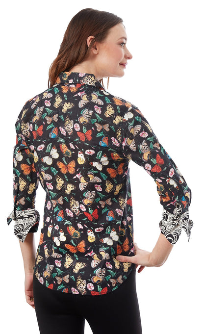 Black 3/4 sleeve Rome shirt by Dizzy-Lizzie with butterfly print, lightweight fabric, and a relaxed fit.