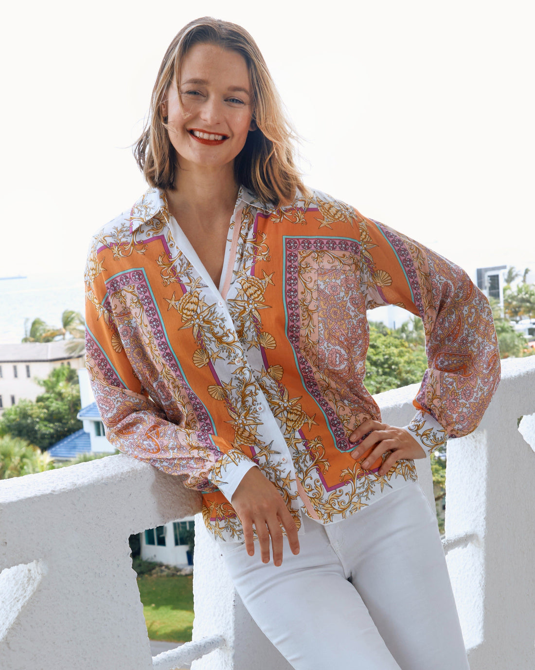 Dizzy-Lizzie Buckhead Boxy Top Engineered Print shirt with geometric pattern, casual fit, and short sleeves.