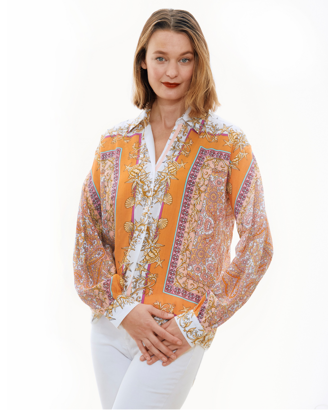 Dizzy-Lizzie Buckhead Boxy Top shirt with engineered print, lightweight fabric, and relaxed fit, shown in XS size.
