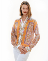 Dizzy-Lizzie Buckhead Boxy Top shirt with engineered print, lightweight fabric, and relaxed fit, shown in XS size.
