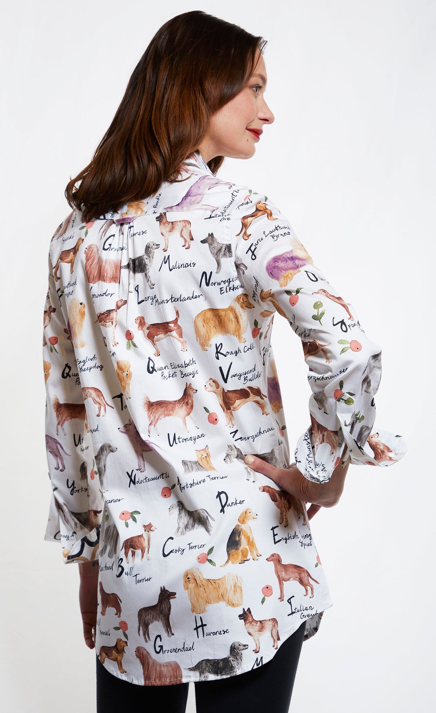 Dizzy-Lizzie Jackson Hole Tunic Boyfriend Shirt featuring dog images and their pedigree names on soft fabric.