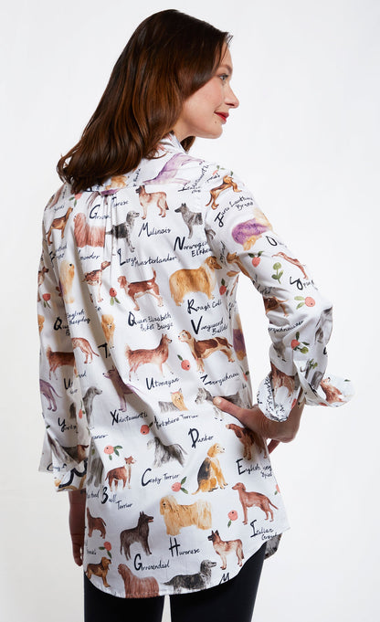 Dizzy-Lizzie Jackson Hole Tunic Boyfriend Shirt featuring dog images and their pedigree names on soft fabric.