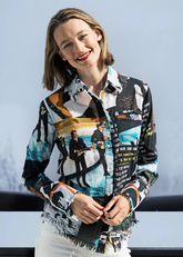 Dizzy-Lizzie Fab 4 Top shirt in XS featuring a stylish design, shown laid flat with sleeves extended.