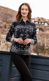 Black Bandana Print Cape Cod shirt by Dizzy-Lizzie, featuring a casual fit with a bold bandana pattern and button details.