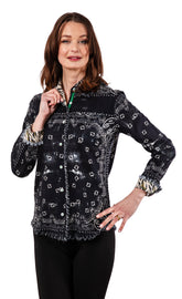 Black bandana print shirt by Dizzy-Lizzie, featuring a casual fit and classic pattern, displayed on a model.