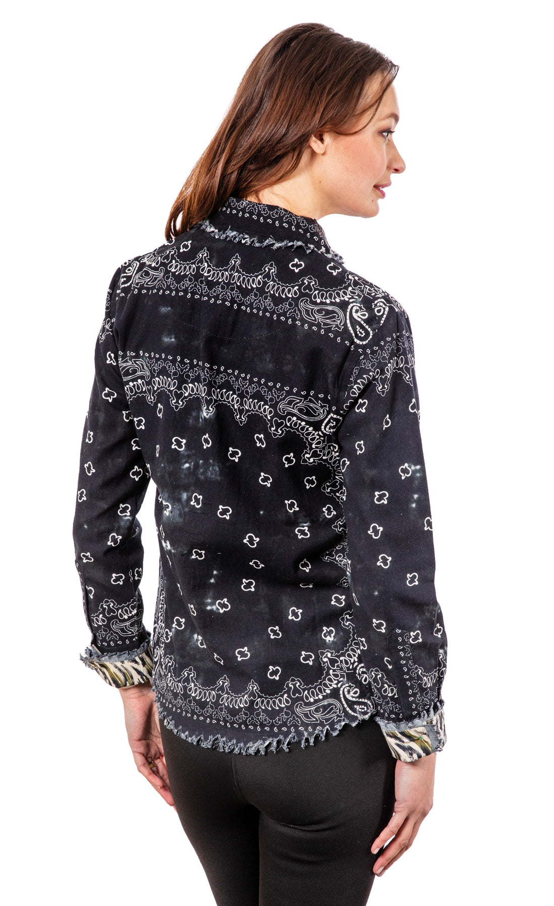 Black bandana print shirt by Dizzy-Lizzie featuring a classic Cape Cod style with long sleeves and a relaxed fit.