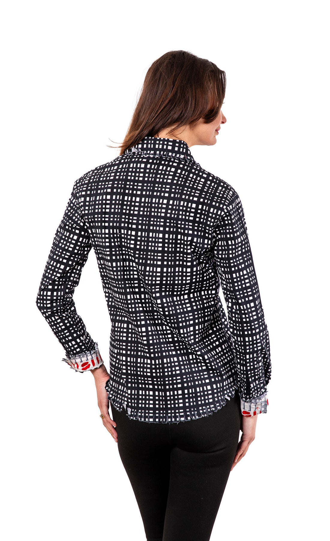 Black and white grid shirt by Dizzy-Lizzie featuring a classic Cape Cod-inspired pattern, shown on a model.