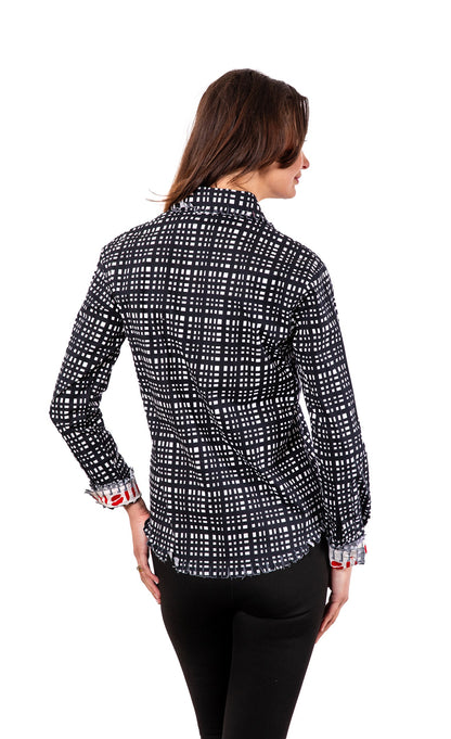Black and white grid shirt from Dizzy-Lizzie featuring a stylish Cape Cod design, displayed on a mannequin.