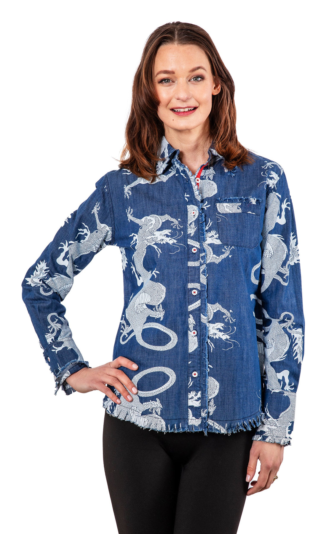 Blue Dragon Denim Cape Cod shirt by Dizzy-Lizzie, featuring classic denim fabric and detailed stitching.