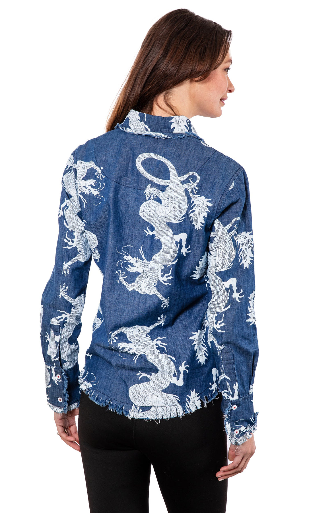 Dizzy-Lizzie Blue Dragon denim shirt in size XS with classic collar and button closure, casual style.