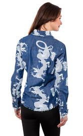 Dizzy-Lizzie Blue Dragon denim shirt in size XS with classic collar and button closure, casual style.
