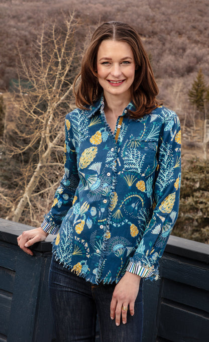 Blue Underwater Print Cape Cod shirt by Dizzy-Lizzie featuring a vibrant aquatic underwater scene with marine life.