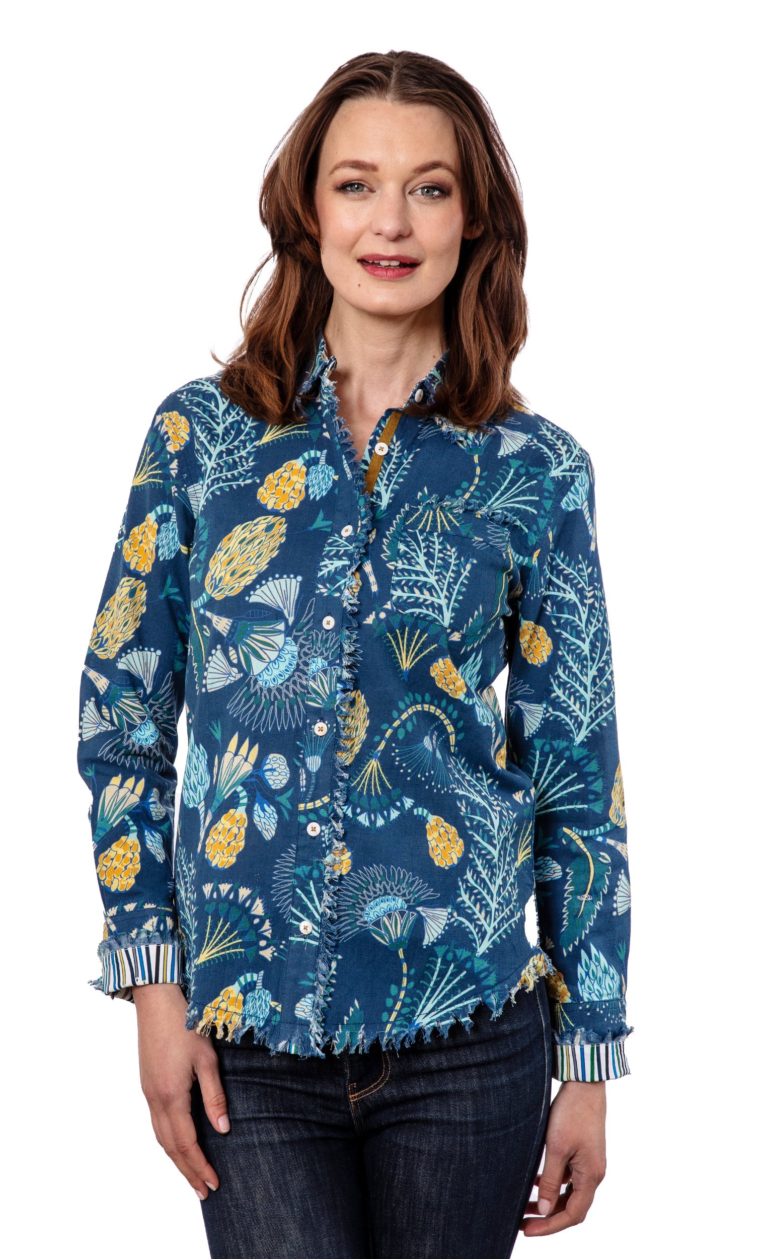 Blue Underwater Print Cape Cod shirt by Dizzy-Lizzie featuring ocean-inspired underwater scene in vibrant blue tones.