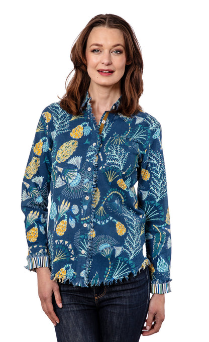 Blue Underwater Print Cape Cod shirt by Dizzy-Lizzie featuring ocean-inspired underwater scene in vibrant blue tones.